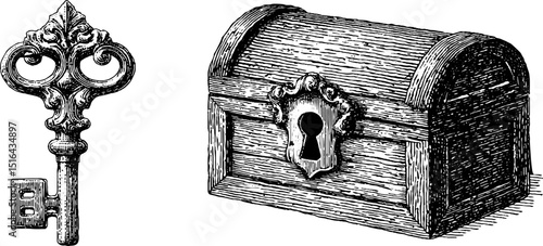 Intricate engraved illustration of ornate ancient key and decorative chest for historical design