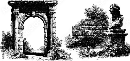 Ancient ruins and architectural elements engraving for historical themes