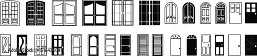 closed door flat and line set. Entrance and exit doors with handles and frames, home exterior architecture concept. Vector collection
