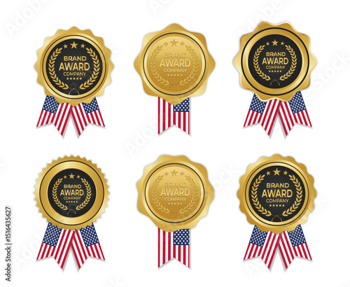 Golden award medal with USA flag ribbons for winners