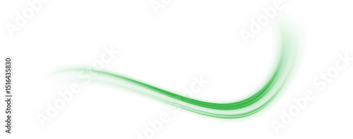 Green glowing swirl on white background. Fresh wind swirl with green leaves and glitter and neon green lines. Cool air swirl and whirlwind effect PNG.