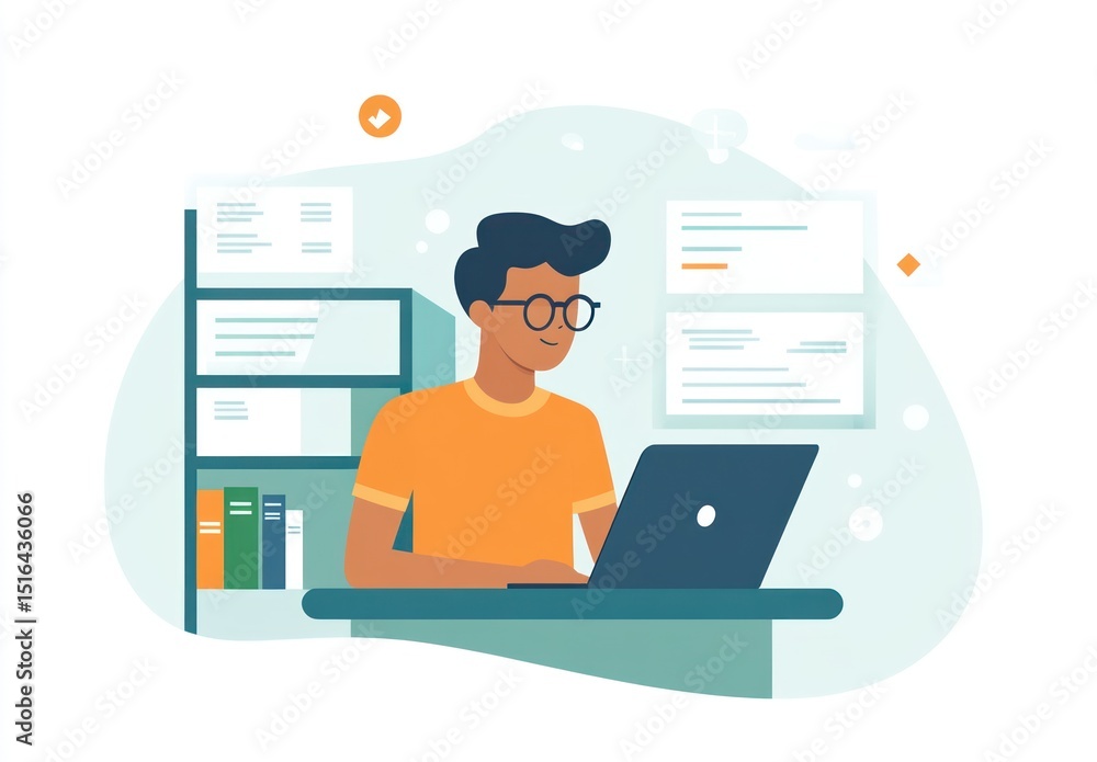 Young man with glasses, working on laptop at a desk, surrounded by files & bookcase Young man with glasses, working on laptop at a desk, surrounded by files & bookcase