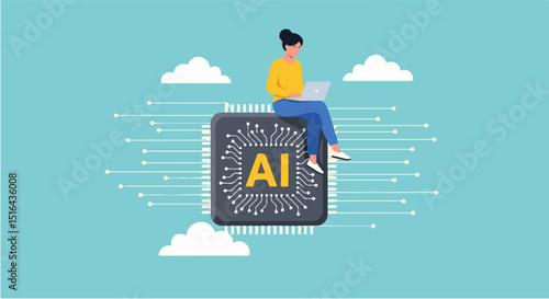 Vector illustration of a woman sitting on a large AI chip, focused on her laptop. Circuit lines and bold "AI" text emphasize artificial intelligence, learning, and technology in a digital setting.