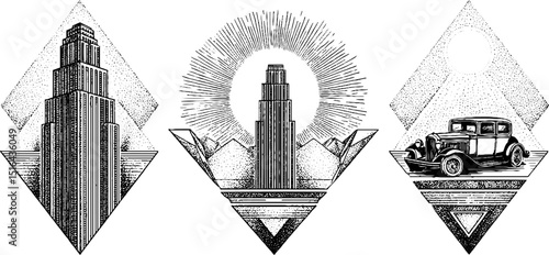 Art deco skyscraper and vintage car engraved illustrations for unique design projects
