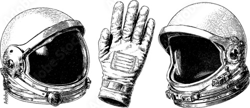 Vintage engraved astronaut helmet and glove illustration set for space themed designs