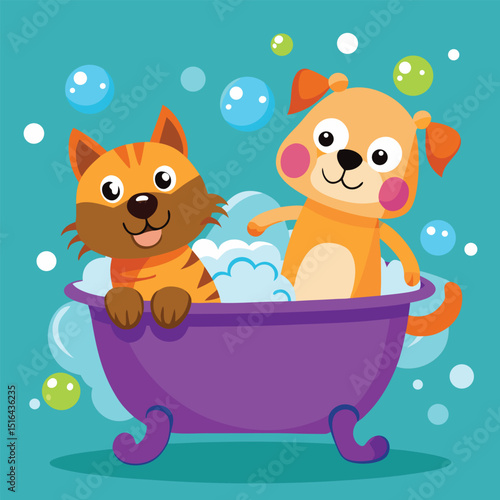 Cartoon Cat and Dog in Purple Bathtub with Bubbles on Teal Background
