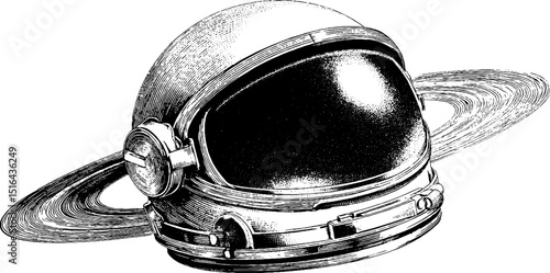Engraved illustration of astronaut helmet with planetary rings - space exploration concept