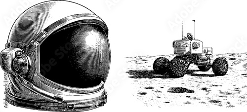 Vintage space exploration engraving featuring astronaut helmet and lunar rover design