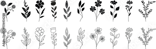 Set of Flowers icons. Garden plants signs. Beautiful symbols in flat and line styles. Tiny Plant Clip Art Elegant Hand Drawn icons for wedding invitations and posters.