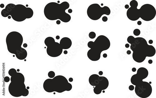 Ink drops and splashes set. Blotter spots collection, liquid paint drip drop splash and ink splatter. Artistic dirty grunge abstract spot vector Illustration monochrome, splat messy inkblot