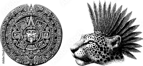 Aztec sun stone and jaguar warrior engraving set - historical and cultural depiction