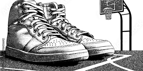 Vintage basketball scene featuring classic sneakers and hoop for retro design