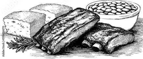 Engraved illustration set featuring bbq ribs, cornbread, and beans for culinary artwork