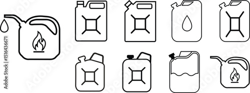jerry can tank box set, oil container, fuel logo illustration. handle cans. Petrol and Gasoline jerry can signs. Car petrol symbols. Gallon collection. Auto industry. line style