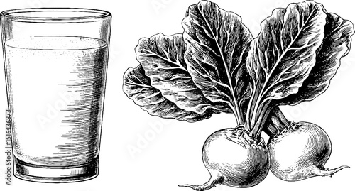 Engraved illustration of beet juice glass with fresh beets and leaves for healthy living and design