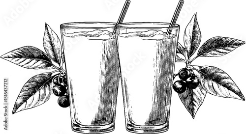 Engraved blueberry smoothie illustration set with leaves and berries