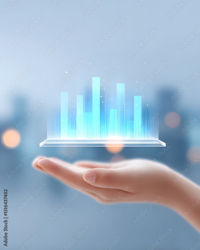 A hand holds a glowing holographic bar graph, symbolizing futuristic data analysis and digital technology. A hand holds a glowing holographic bar graph, symbolizing futuristic data analysis and digital technology.