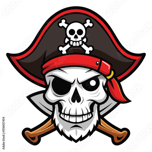 Cartoon Pirate Skull with Eye Patch, Crossed Bones and Jolly Roger Hat