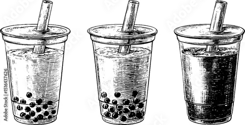 Detailed artistic engraving of bubble tea cups for design and print