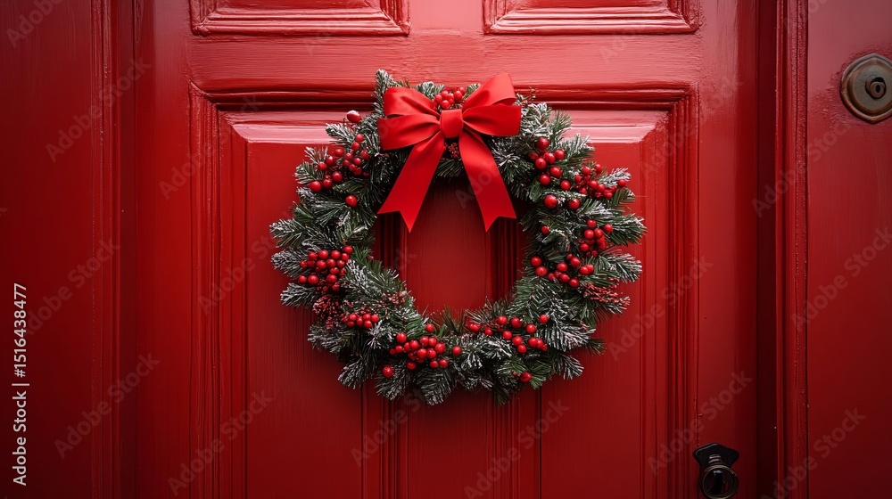 Festive Christmas Wreath with Red Bow on Red Door A perfect holiday decoration for home entrance Festive Christmas Wreath with Red Bow on Red Door A perfect holiday decoration for home entrance