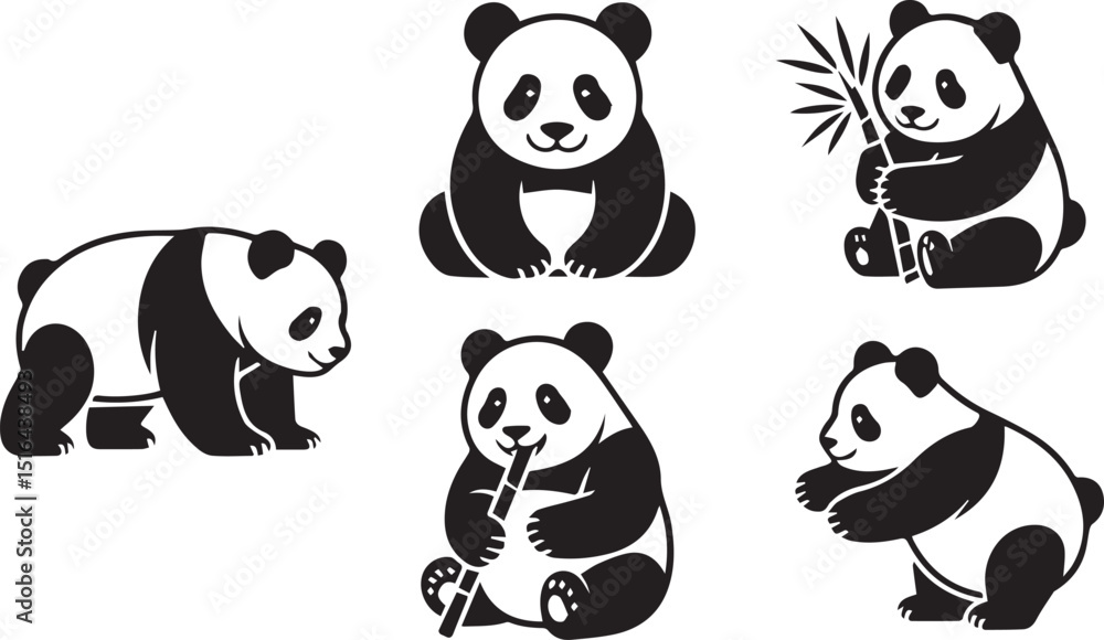 Obraz premium Six cute panda bear silhouettes set