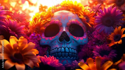 Colorful decorated skull surrounded by vibrant orange and purple flowers, glowing warmly with bright festive decoration, evoking lively celebration and joyful atmosphere