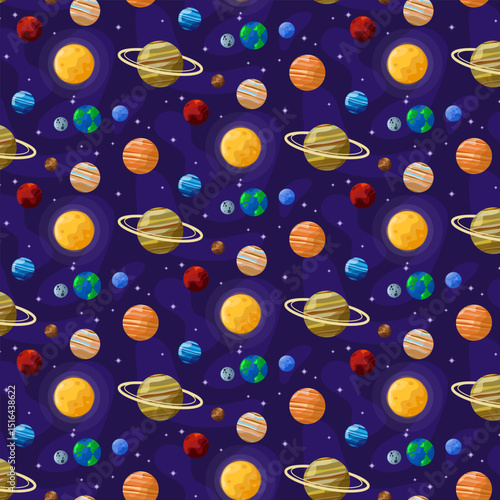Abstract cartoon planets on a vast background. Fantastic galaxy with endless space design, paper printing, textile fabric, repeating wrapper, astronomical space background template