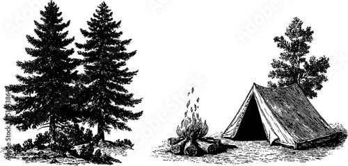 Outdoor adventure elements: engraved illustration of campfire, tent, and forest scene
