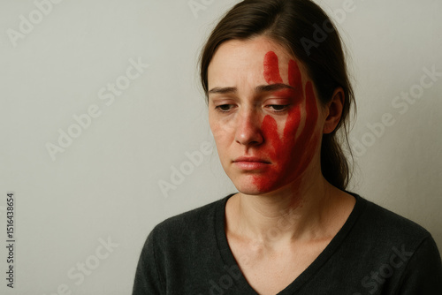 A Cry for Help: Woman Displays Red Handprint on Her Face, Symbolizing the Scars of Toxic Machismo and Gender-Based Domestic Abuse.

