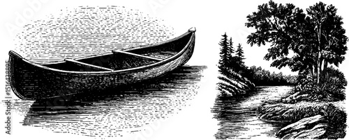 Vintage engraved illustration of canoe with paddle and scenic landscape for art and design