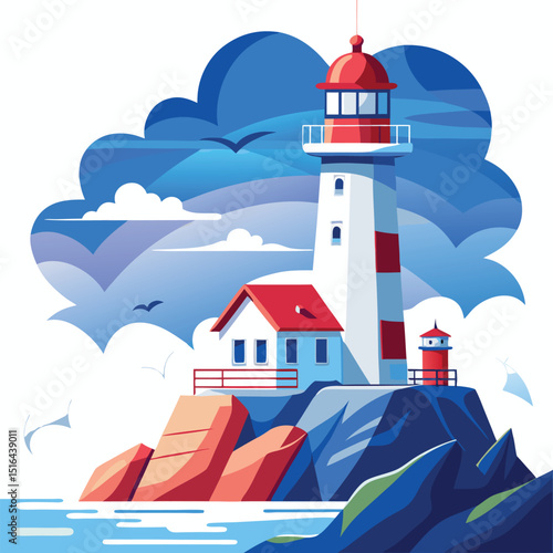 Coastal Lighthouse on Rocky Shore with House and Birds, Graphic Vector Illustration