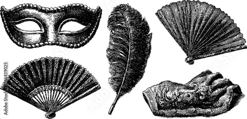 Vintage carnival mask, feather, and fan engravings for festive designs