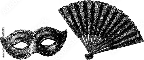 Vintage carnival mask and fan engraving set for elegant costume design