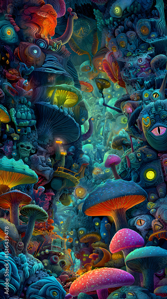 High-resolution psychedelic digital artwork featuring surreal mushrooms eerie faces floating objects and fractal kaleidoscopic patterns in vivid neon colors
High-resolution psychedelic digital artwork featuring surreal mushrooms eerie faces floating objects and fractal kaleidoscopic patterns in vivid neon colors