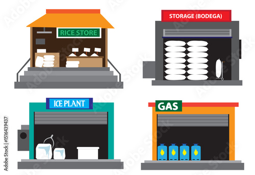 Marketplace and storage for retailers of rice, ice and propane household gas for cooking. Editable Clip Art