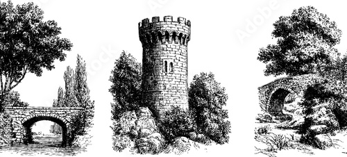 Engraved illustration set featuring castle tower and stone bridge for historical design projects