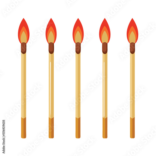 Five Lit Matches Isolated on White Background Showing Burning Flames and Wooden Sticks