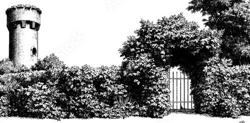 Enchanting castle tower and ivy gate engraving for historical and architectural design