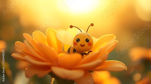 Cute bee on flower with sunset.