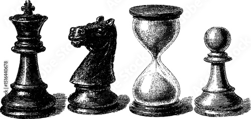 Chess illustration with board and pieces, strategic game engraved. King knight pawn hourglass in black white vintage classic art, antique set detailed.