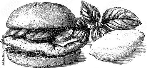 Engraved illustration of chicken parmesan sandwich with basil and lemon for culinary art