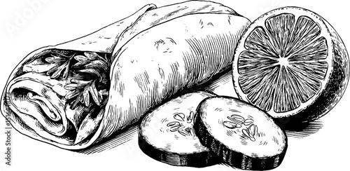Engraved illustration of chicken wrap with cucumber and citrus slice - perfect for menu design