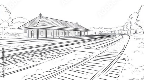 Black and white sketch of a train station