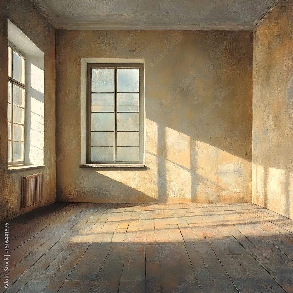 Fototapeta premium Sunlit Empty Room with Wooden Floor and Large Windows Perfect for Interior Design or Real Estate
