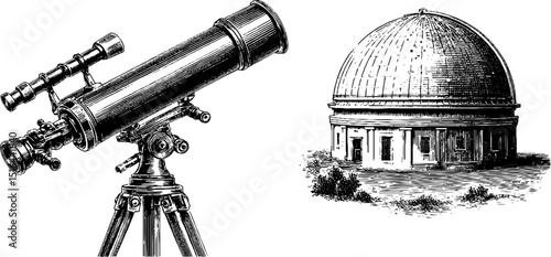 Classic telescope and observatory engraved illustration for educational and historical design