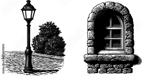 Engraved vintage cobblestone street elements with lamp post and arched window design