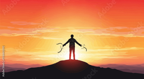 Silhouette of a Person on a Hilltop at Sunset, Holding Symbolic Objects, Representing Freedom, Release, or New Beginnings