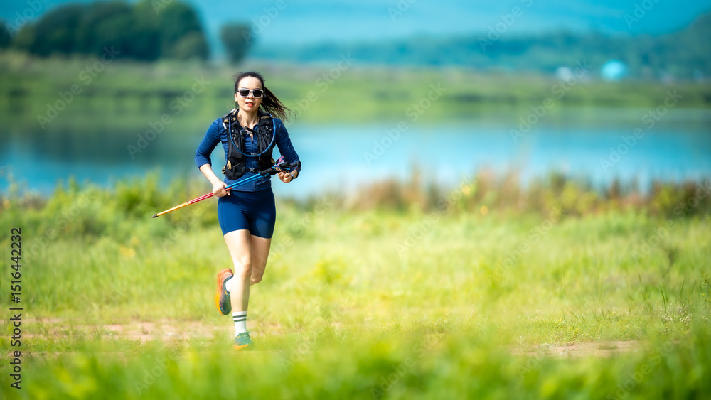 Obraz premium A woman is running in a field with a tennis racket in her hand. She is wearing a blue shirt and shorts