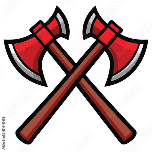 Two Cartoon Red Axes Crossed with Brown Handles and Silver Blades Illustration
