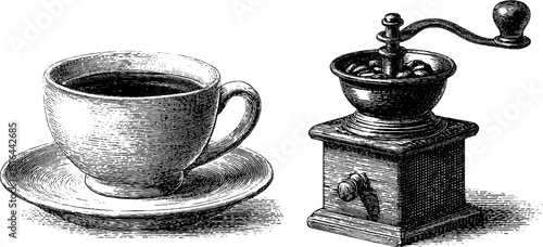 Vintage coffee concept with engraved cup and grinder for cafe decor and design